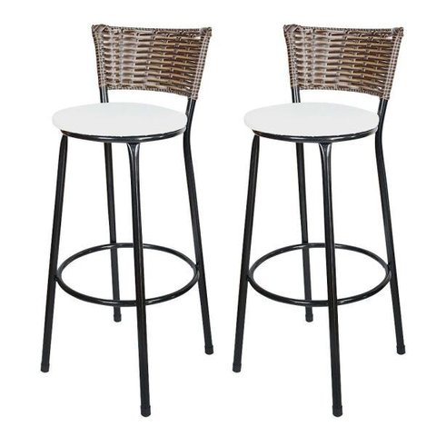 Kit 2 Banquetas Alta Ratan Hawai Cappuccino - Assento Branco