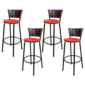 Kit 4 Banquetas Alta Ratan Hawai Café - Assento Vermelho