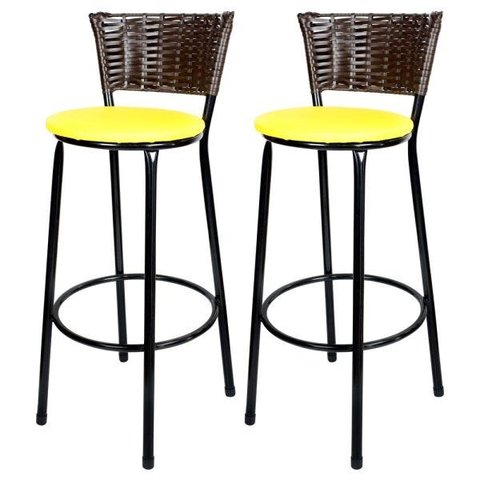 Kit 2 Banquetas Alta Ratan Hawai Café - Assento Amarelo