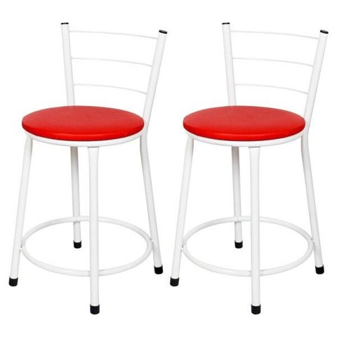 Kit 2 Banquetas Baixa Epoxi Branca - Assento Vermelho