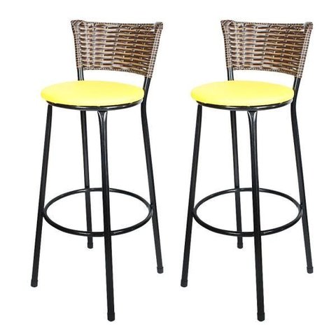 Kit 2 Banquetas Alta Ratan Hawai Cappuccino - Assento Amarelo