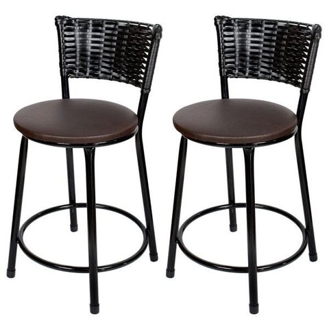 Kit 2 Unidades Banquetas Baixa Ratan Hawai Preto - Assento Marrom