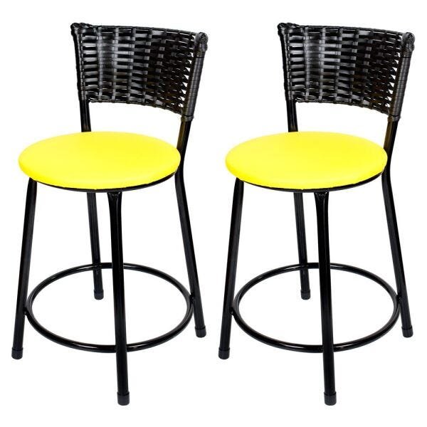 Kit 2 Unidades Banquetas Baixa Ratan Hawai Preto - Assento Amarelo
