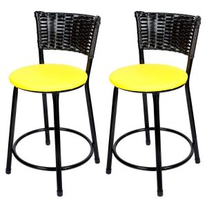Kit 2 Unidades Banquetas Baixa Ratan Hawai Preto - Assento Amarelo