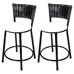 Kit 2 Unidades Banquetas Baixa Ratan Hawai Preto - Assento Branco