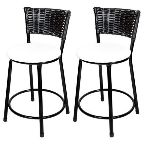 Kit 2 Unidades Banquetas Baixa Ratan Hawai Preto - Assento Branco