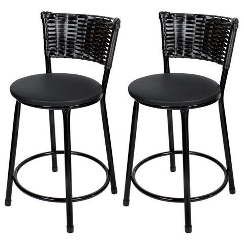 Kit 2 Unidades Banquetas Baixa Ratan Hawai Preto - Assento Preto