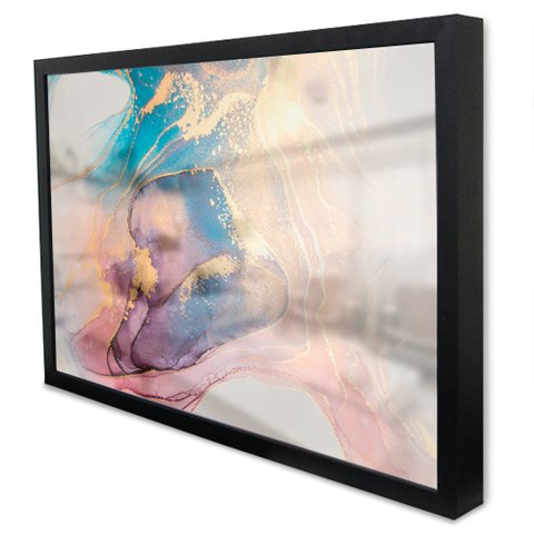 Quadro Decorativo Caixa Alta com Vidro Abstrato Aquarela Luxo TaColado Moldura Preta 90 x 60cm