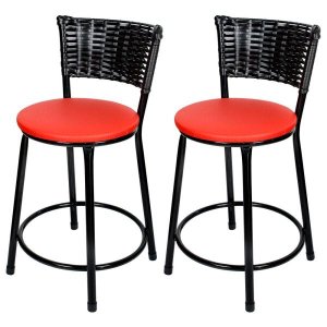 Kit 2 Unidades Banquetas Baixa Ratan Hawai Preto - Assento Vermelho