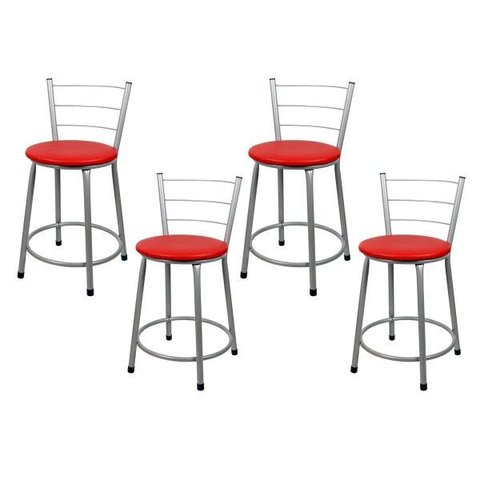 Kit 4 Banquetas Baixa para Cozinha Epoxi Prata - Assento Vermelho