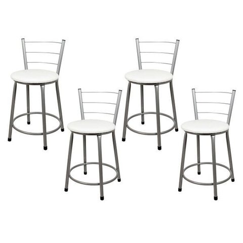 Kit 4 Banquetas Baixa para Cozinha Epoxi Prata - Assento Branco