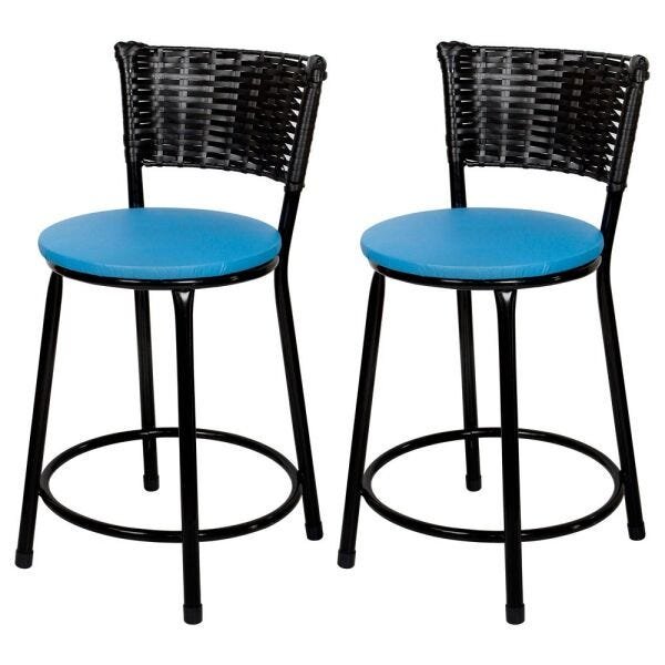 Kit 2 Unidades Banquetas Baixa Ratan Hawai Preto - Assento Azul