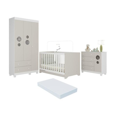 Quarto de Bebê Completo Berço Americano 3 em 1 Colchão Bombom Multimóveis Mp4638 Branco/off