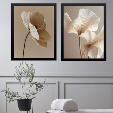Kit 2 Quadros Flores Sofisticadas Elegantes Bege Cinza 24x18cm - com Vidro:moldura Preta