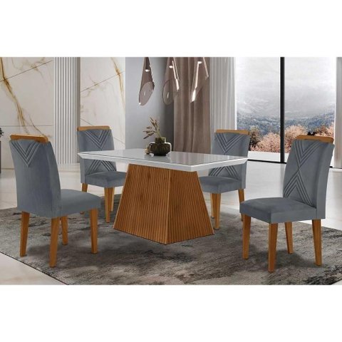 Sala de Jantar Completa Luna Tampo Madeirado C- Vidro Curvo 120x80 e 4 Cadeiras Amsterdã Imbuia -