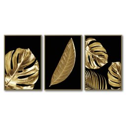 Quadro Premium Textura CXAlta Folha Ouro em Preto1 3un 40x60 - Moldura Caqui - 2