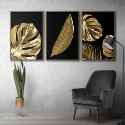 Quadro Premium Textura CXAlta Folha Ouro em Preto1 3un 40x60 - Moldura Caqui - 3