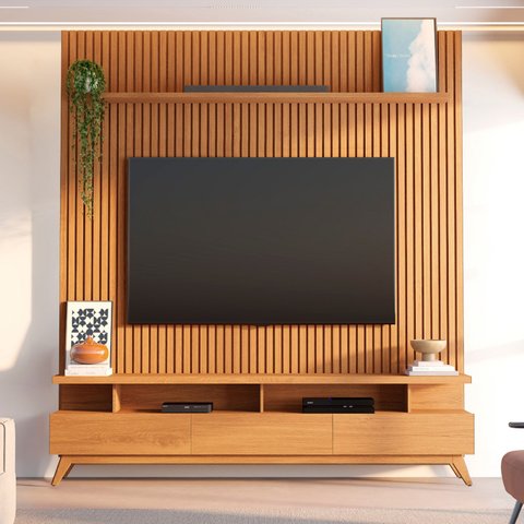 Rack com Painel Ripado para TV até 72 Polegadas 100% MDF 185,5cmx250cm Yucca CabeCasa MadeiraOriginals Bege Nature