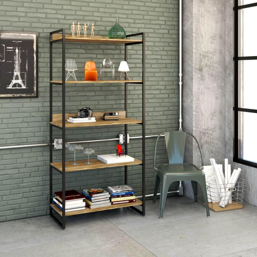 Estante Industrial Kuadra com 4 Nichos 80 cm - Carvalho/Preto