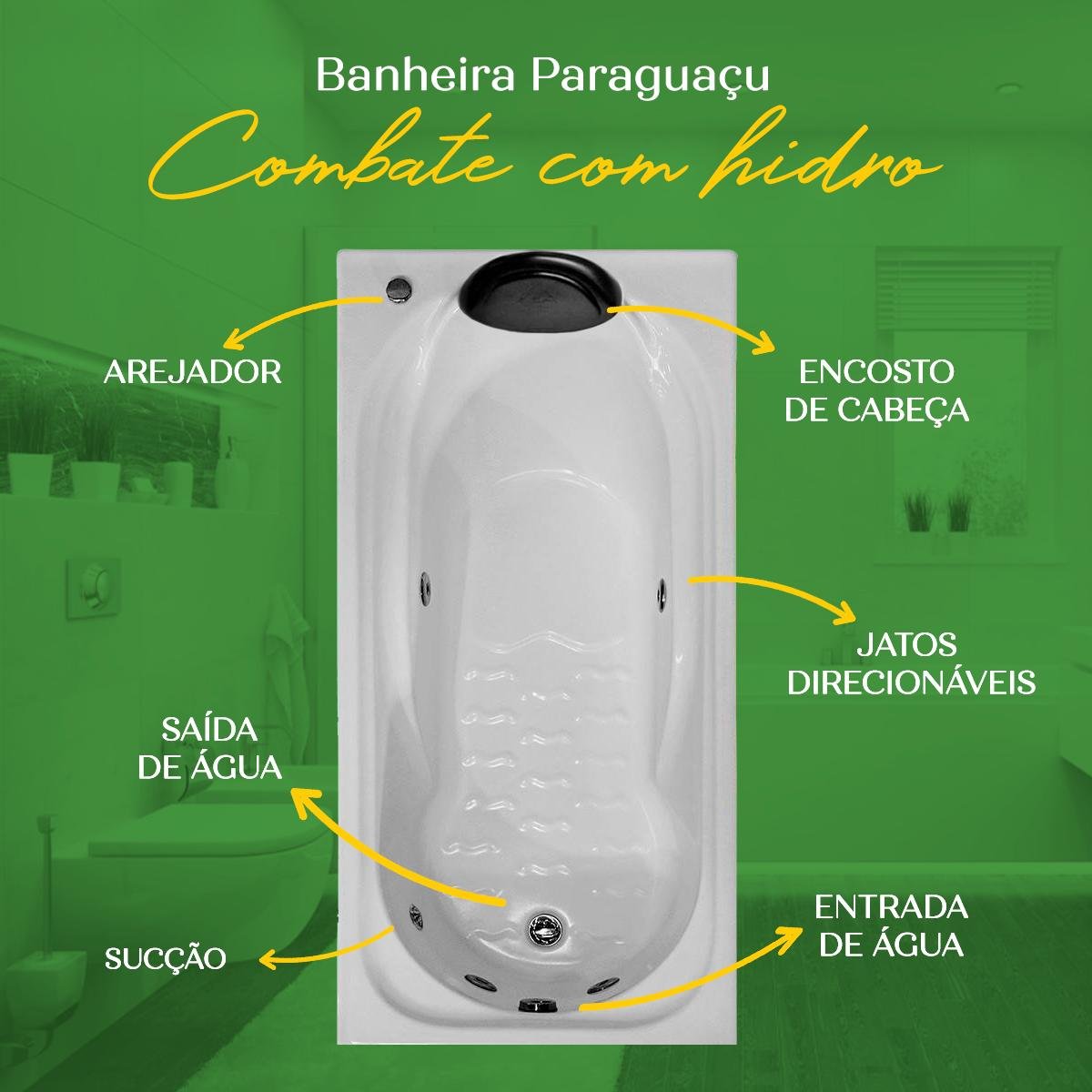 Banheira Retangular Paraguaçu Combate com Hidro em Acrílico - 4