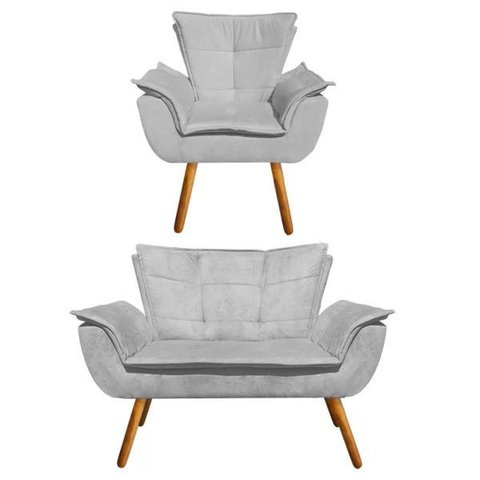 Kit Sofá Retrô Namoradeira e 01 Poltrona Opala Suede Cinza - D'Rossi