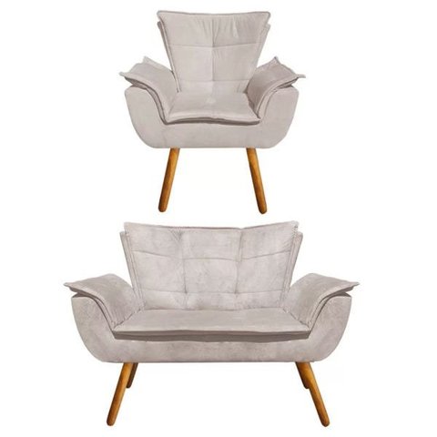 Kit Sofá Retrô Namoradeira e 01 Poltrona Opala Suede Bege - D'Rossi