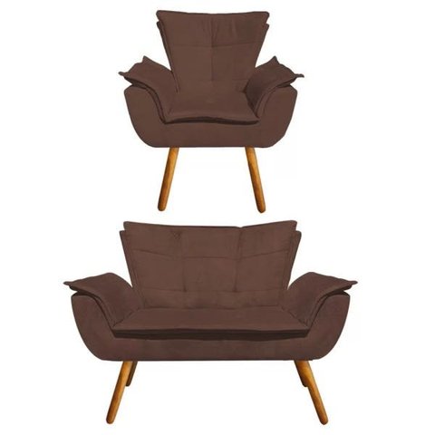 Kit Sofá Retrô Namoradeira e 1 Poltrona Opala Suede Marrom - D'Rossi