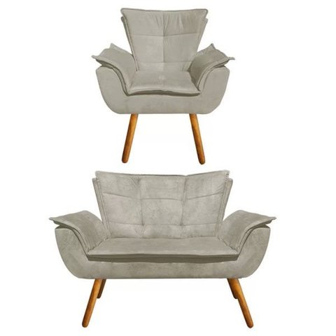Kit Sofá Retrô Namoradeira e 01 Poltrona Opala Suede Marrom Rato - D'Rossi