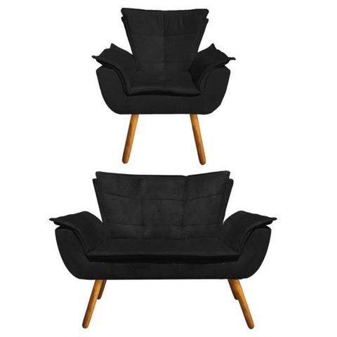 Kit Sofá Retrô Namoradeira e 01 Poltrona Opala Suede Preto - D'Rossi