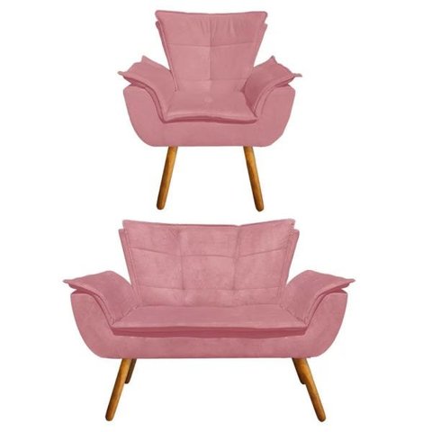 Kit Sofá Retrô Namoradeira e 1 Poltrona Opala Suede Rose - D'Rossi