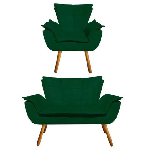 Kit Sofá Retrô Namoradeira e 01 Poltrona Opala Suede Verde - D'Rossi