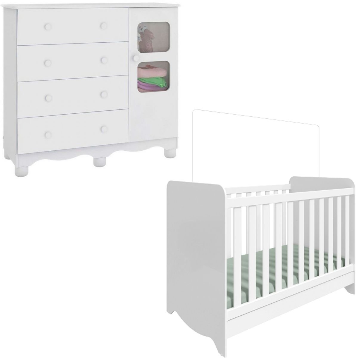 Quarto de Bebê Completo com Berço Americano Ben 3 Em 1 Cômoda Uli 4 Gavetas Móveis Peroba - Branco B - 2