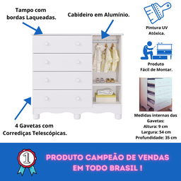 Quarto de Bebê Completo com Berço Americano Ben 3 em 1 Cômoda Uli 4 Gavetas Móveis Peroba - Branco B - 7