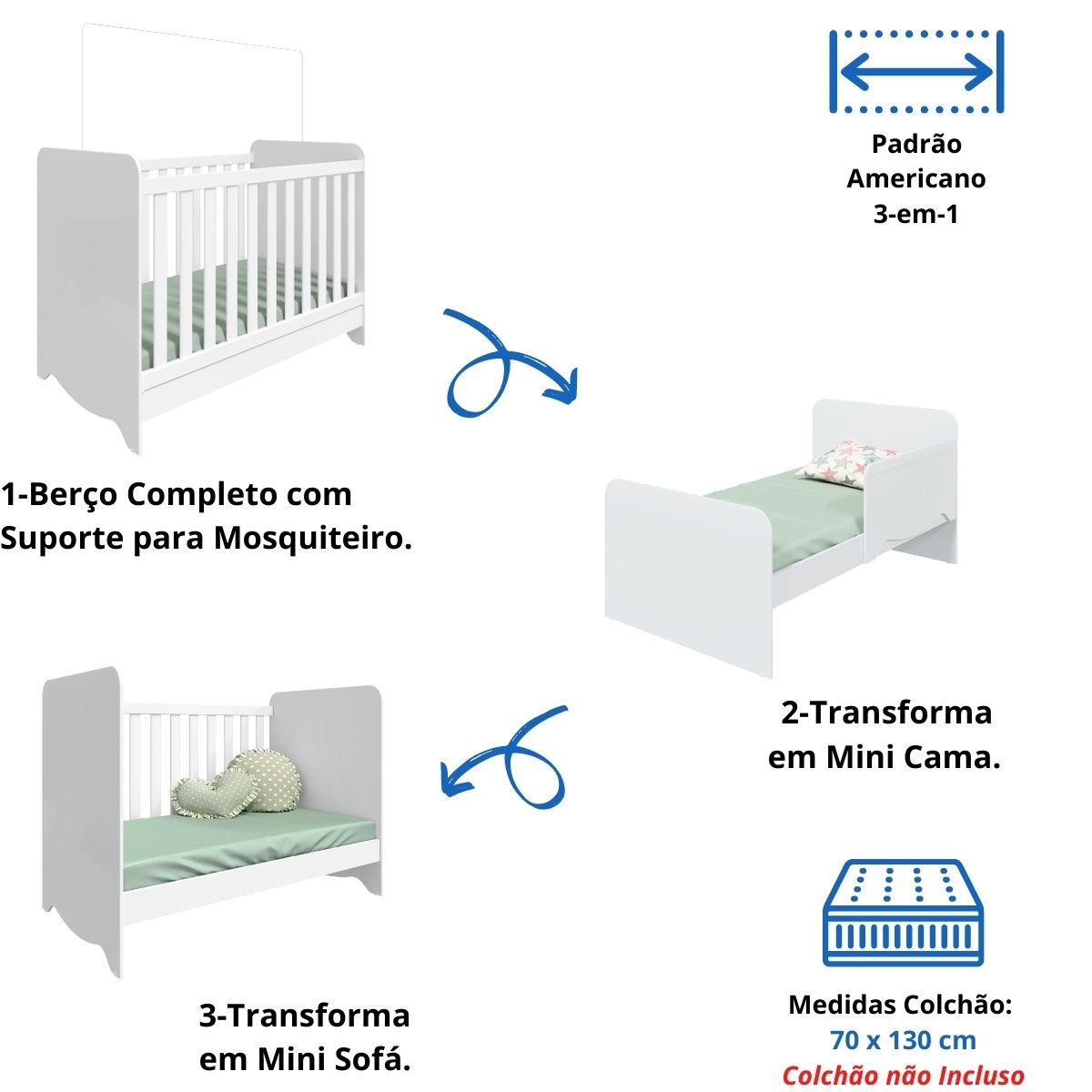 Quarto de Bebê Completo com Berço Americano Ben 3 Em 1 Cômoda Uli 4 Gavetas Móveis Peroba - Branco B - 3