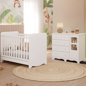 Quarto de Bebê Completo com Berço Americano Ben 3 em 1 Cômoda Uli 4 Gavetas Móveis Peroba - Branco B