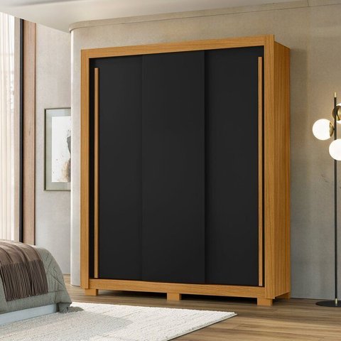 Guarda Roupa Deslizante 3 Portas 2 Gavetas 156cm Saint Preto/Carvalho Americano/Tx