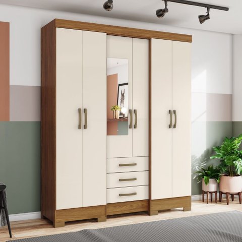Guarda Roupa Roupeiro Casal Mentor B23 6 Portas 3 Gavetas com Espelho Nature Off White Briz