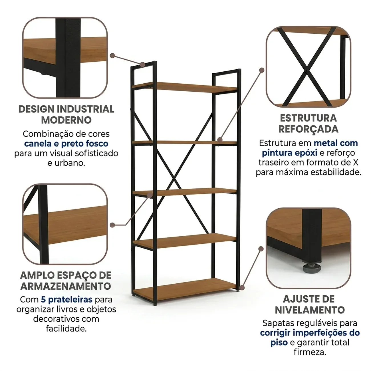 Ver imagem 4 de Estante de Livros Industrial em Aço 5 Prateleiras 72x152cm Canela/Preto
