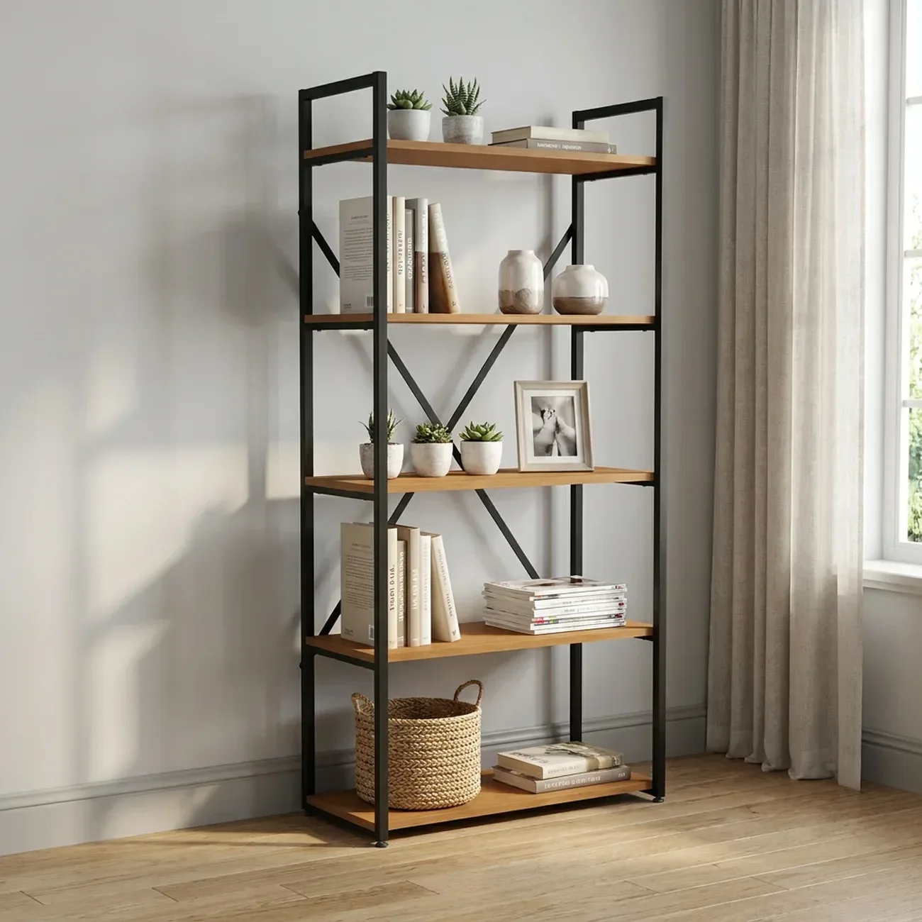 Ver imagem 1 de Estante de Livros Industrial em Aço 5 Prateleiras 72x152cm Canela/Preto