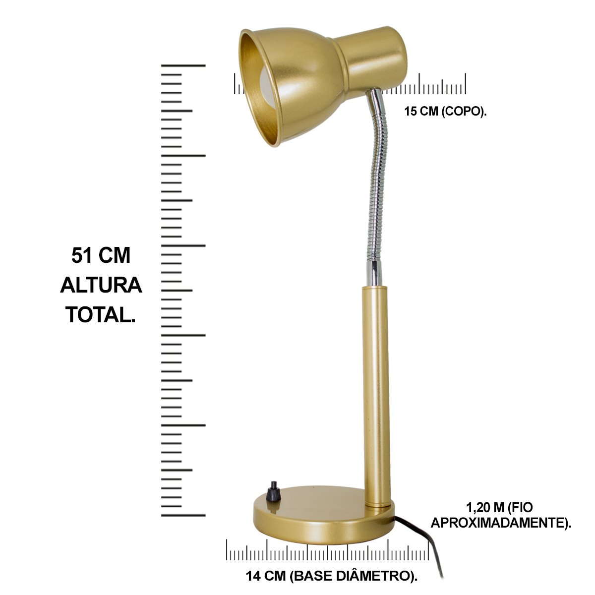 Abajur de Mesa Dourado em Alumínio para Leitura Haste Flexível Soquete E27 Tensao Bivolt - 10