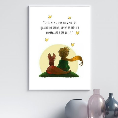 Quadro Pequeno Príncipe com Raposa - Frase 45x34cm - com Vidro:moldura Branca