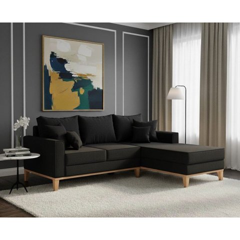 Sofá Beny com Chaise Direita, 2,00x1,40m, 3 Lugares, Linho, Base em Madeira.