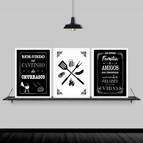Kit 3 Quadros Cantinho Do Churrasco 45x34cm:Madeira preta