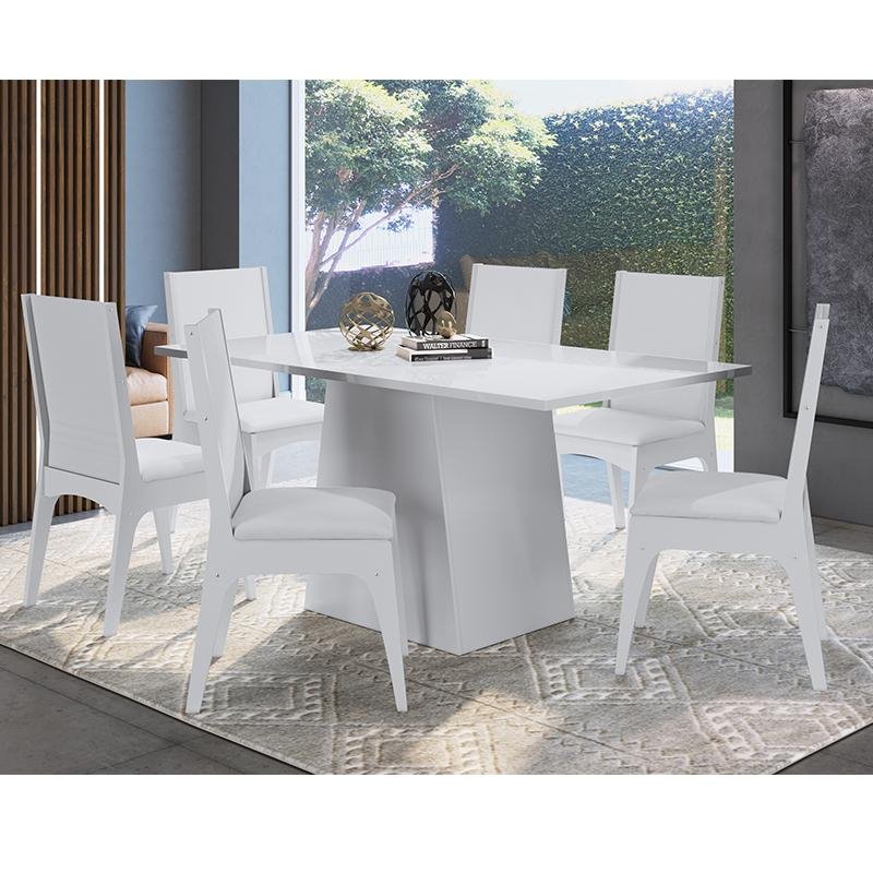Conjunto Sala De Jantar Mesa Base 6 Cadeiras MDF Branco | MadeiraMadeira