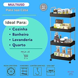 Prateleira Multiuso 4 Andares Estante Rodinhas Facil Montar Cor:preto - 3
