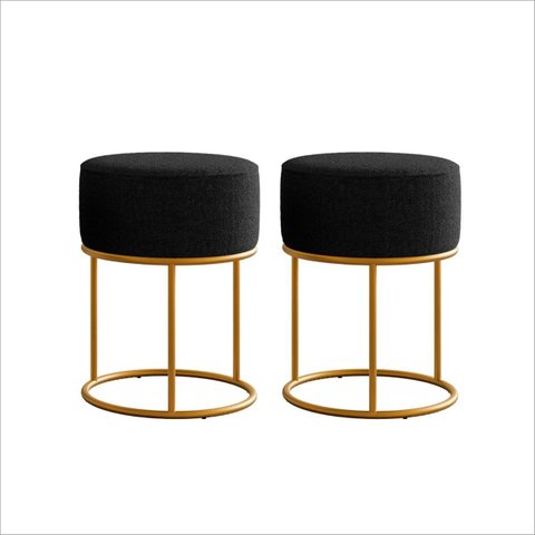 Kit 2 Puff Redondo Neon Preto Base Metálica Dourado - Ms