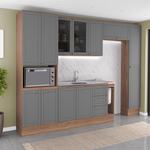 Cozinha Milla One 12 Portas 3 Gavetas MDF-MDP 310cm Nogal Móveis Carraro