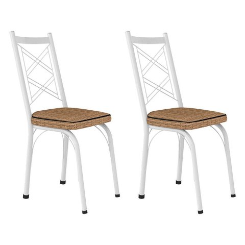 Kit 2 Cadeiras de Cozinha Delaware Estampado Rattan Bege Pés de Ferro Branco