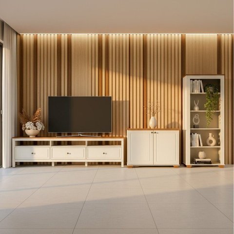 Conjunto 3 Peças 1 Rack 210cm, Estante e Armário Madeira Maciça Ananda CabeCasa MadeiraOriginals Branco Off White/Mel