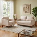 Ver imagem 1 de Kit Poltrona + Sofa Petiz Decor Bege Bouclé Base Madeira Nature